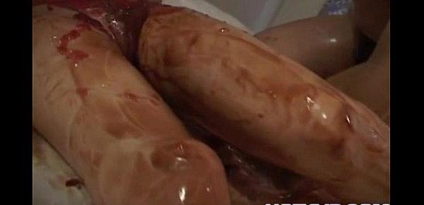  Mai Yamasaki has body covered in sauces and cunt roughly fucked